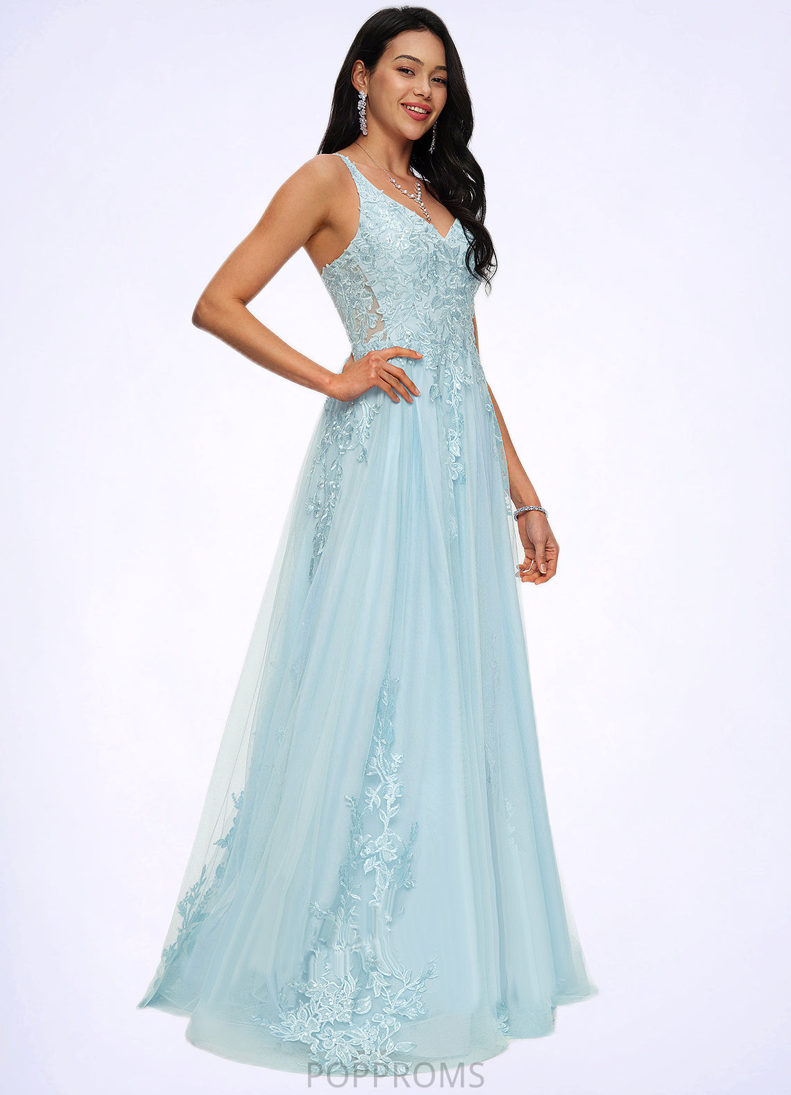 Nataly A-line V-Neck Floor-Length Tulle Prom Dresses With Rhinestone Appliques Lace Sequins PP6P0022225