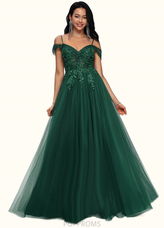 Taylor A-line Off the Shoulder Floor-Length Tulle Prom Dresses With Appliques Lace Sequins PP6P0022231