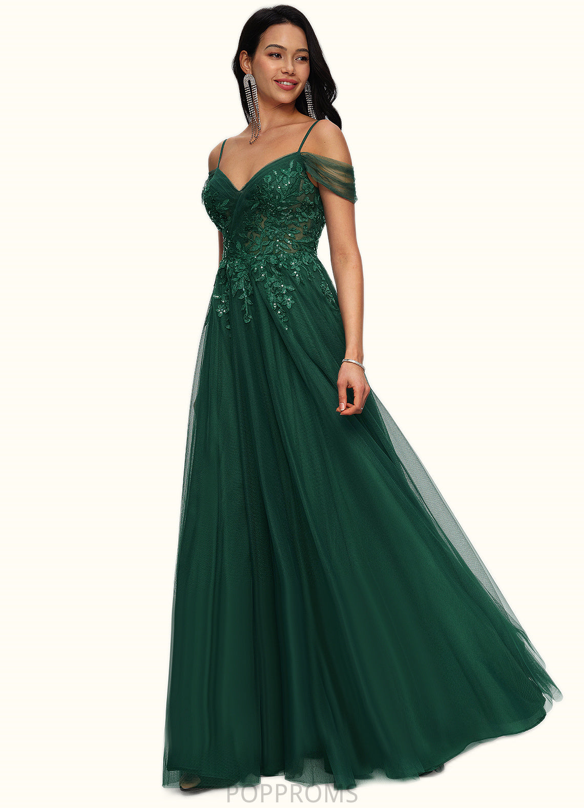 Taylor A-line Off the Shoulder Floor-Length Tulle Prom Dresses With Appliques Lace Sequins PP6P0022231