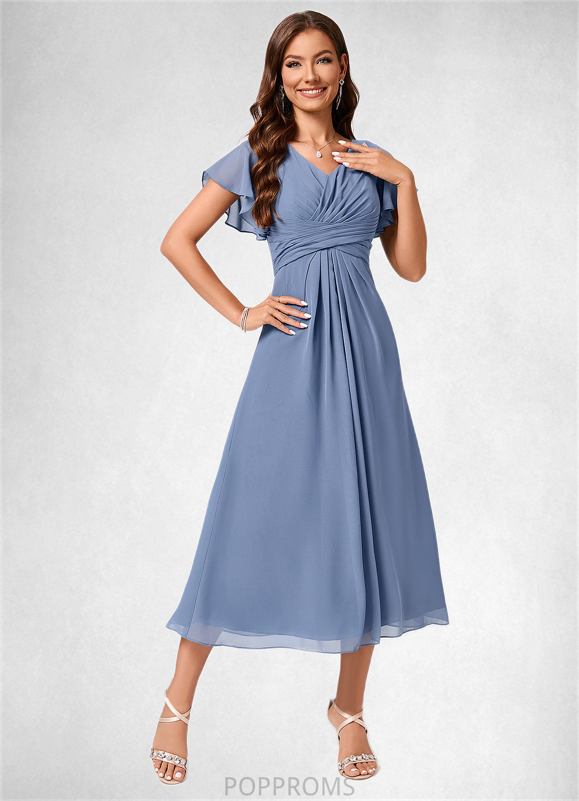 Thea A-line V-Neck Tea-Length Chiffon Cocktail Dress With Ruffle PP6P0022233