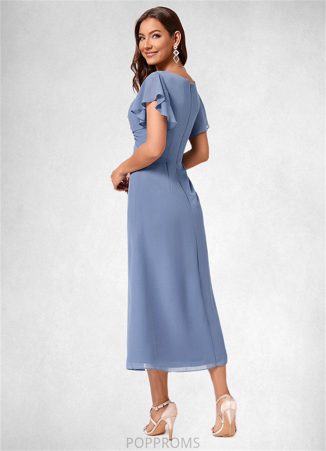 Thea A-line V-Neck Tea-Length Chiffon Cocktail Dress With Ruffle PP6P0022233