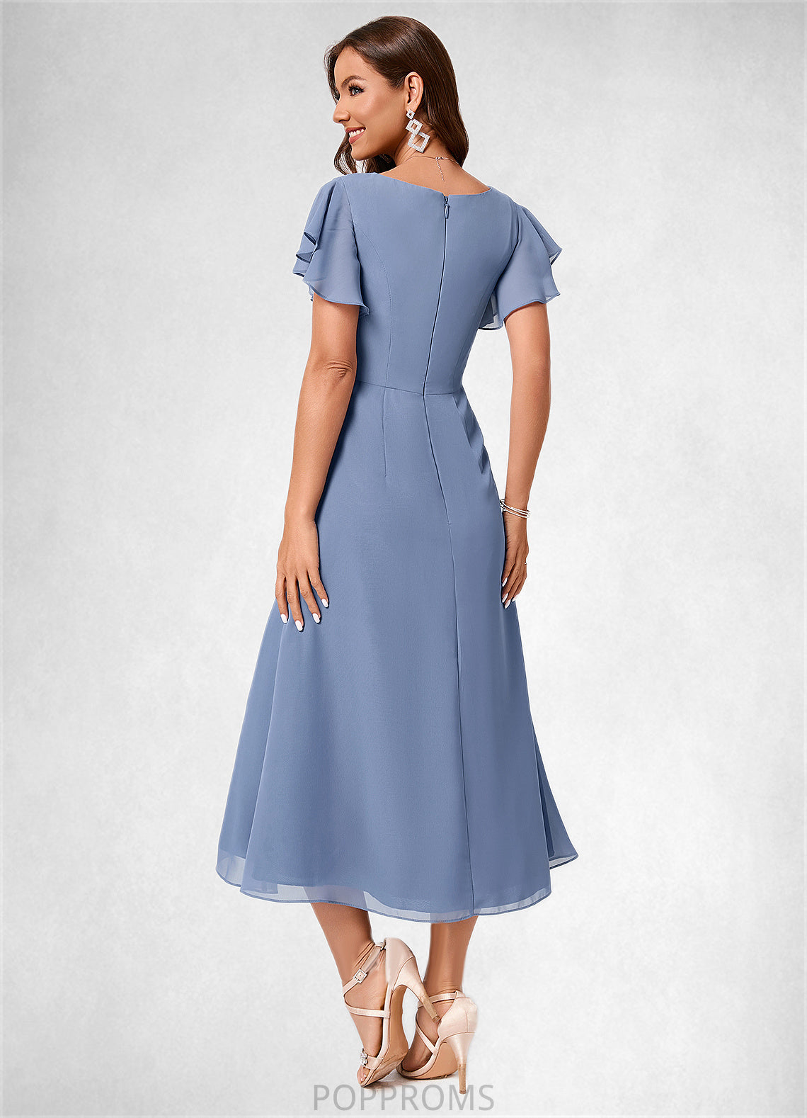 Thea A-line V-Neck Tea-Length Chiffon Cocktail Dress With Ruffle PP6P0022233