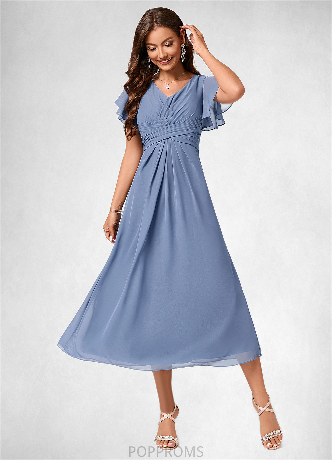 Thea A-line V-Neck Tea-Length Chiffon Cocktail Dress With Ruffle PP6P0022233