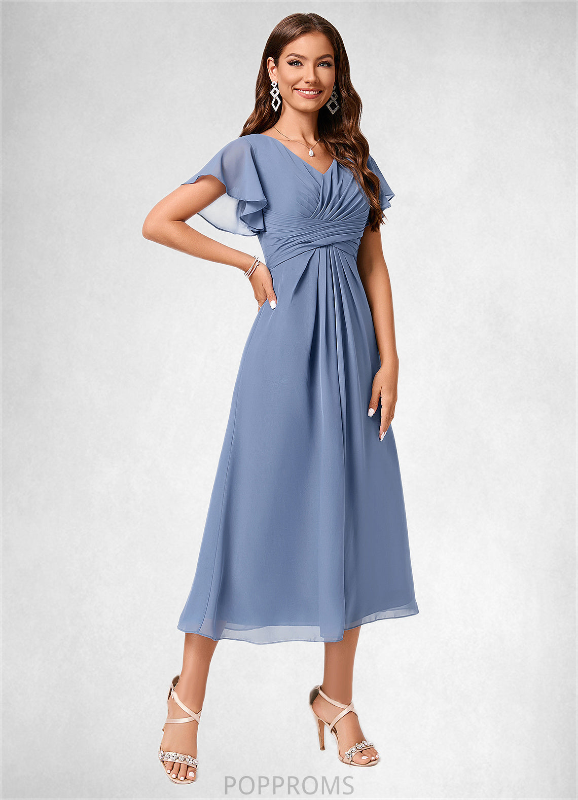 Thea A-line V-Neck Tea-Length Chiffon Cocktail Dress With Ruffle PP6P0022233