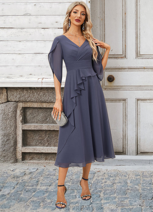 Keira A-line V-Neck Tea-Length Chiffon Evening Dress With Pleated PP6P0022234