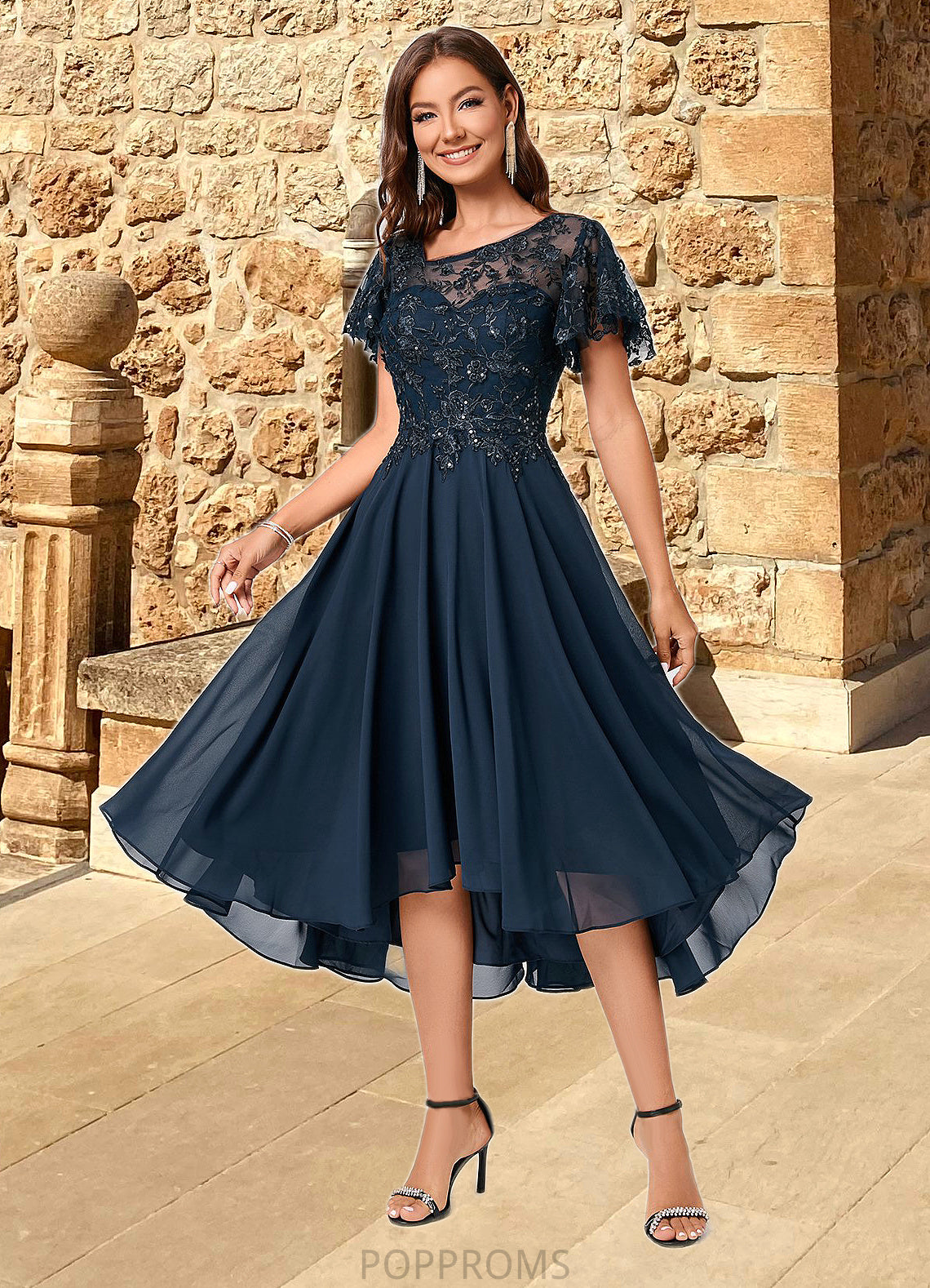 Sofia A-line Asymmetrical Asymmetrical Chiffon Lace Cocktail Dress With Ruffle Sequins PP6P0022235