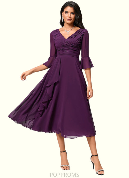 Whitney A-line V-Neck Tea-Length Chiffon Cocktail Dress With Ruffle PP6P0022236