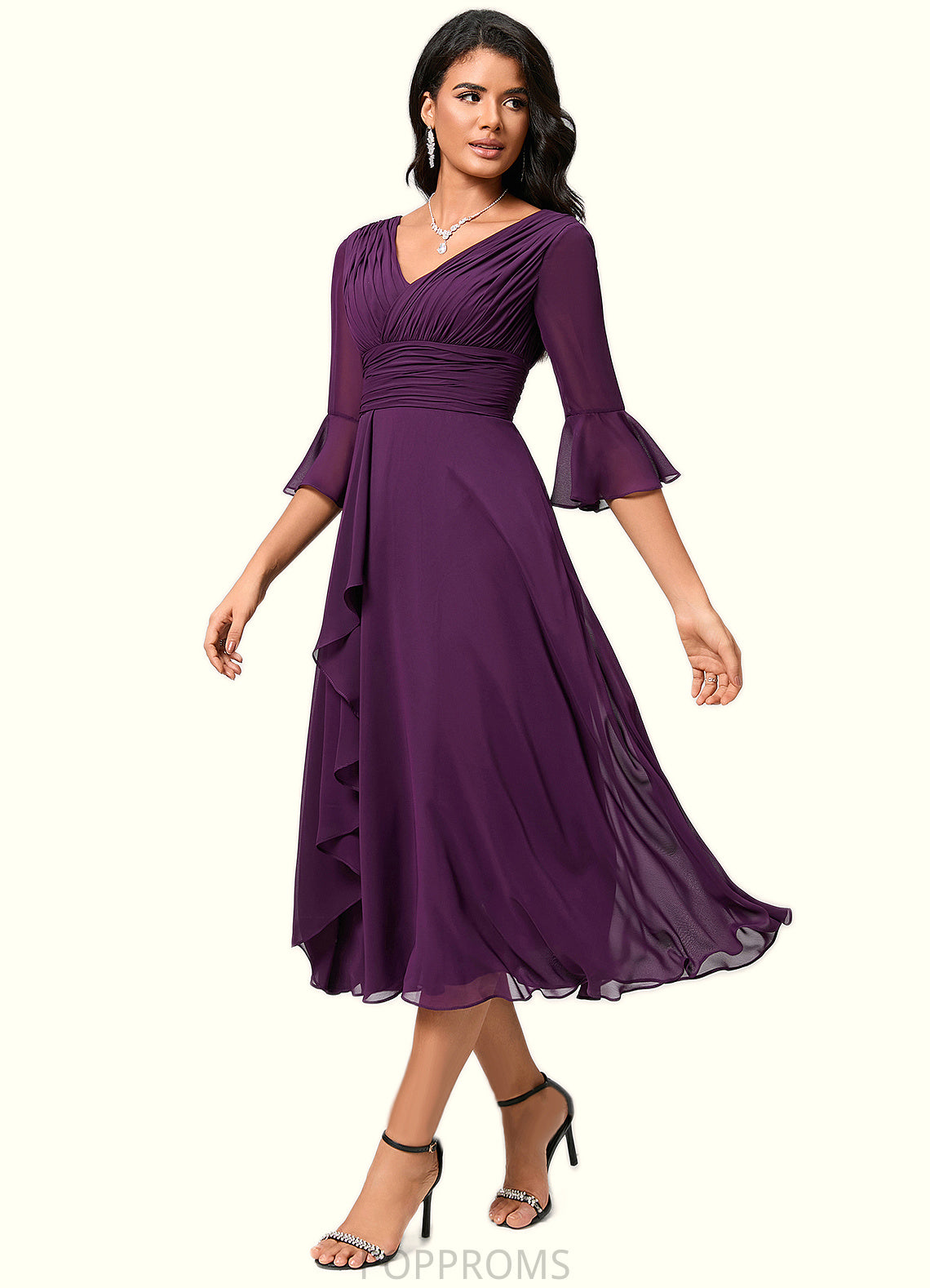 Whitney A-line V-Neck Tea-Length Chiffon Cocktail Dress With Ruffle PP6P0022236