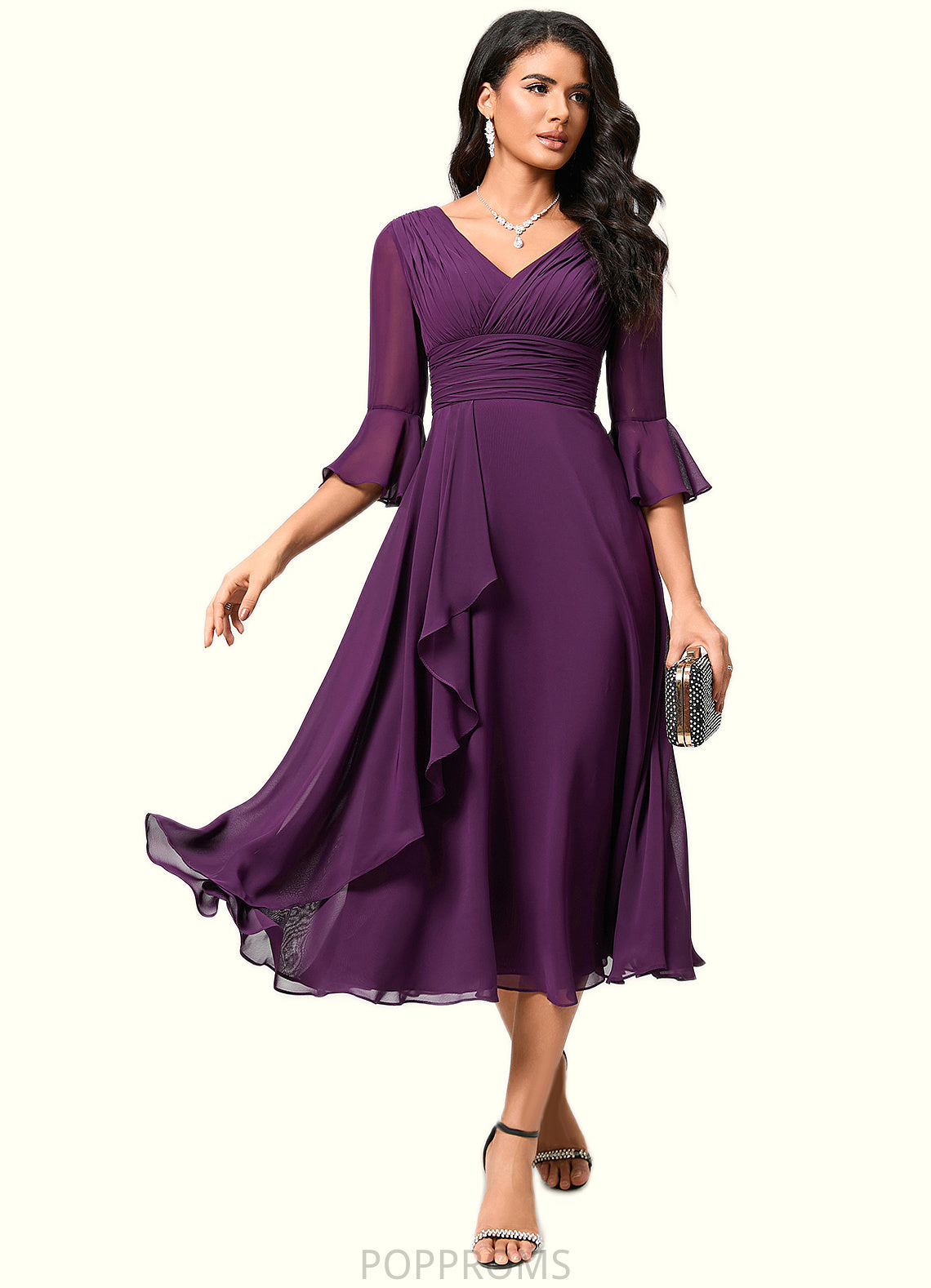 Whitney A-line V-Neck Tea-Length Chiffon Cocktail Dress With Ruffle PP6P0022236