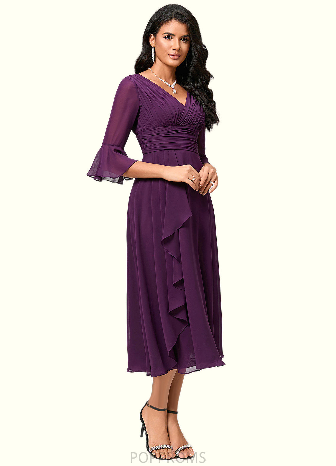 Whitney A-line V-Neck Tea-Length Chiffon Cocktail Dress With Ruffle PP6P0022236