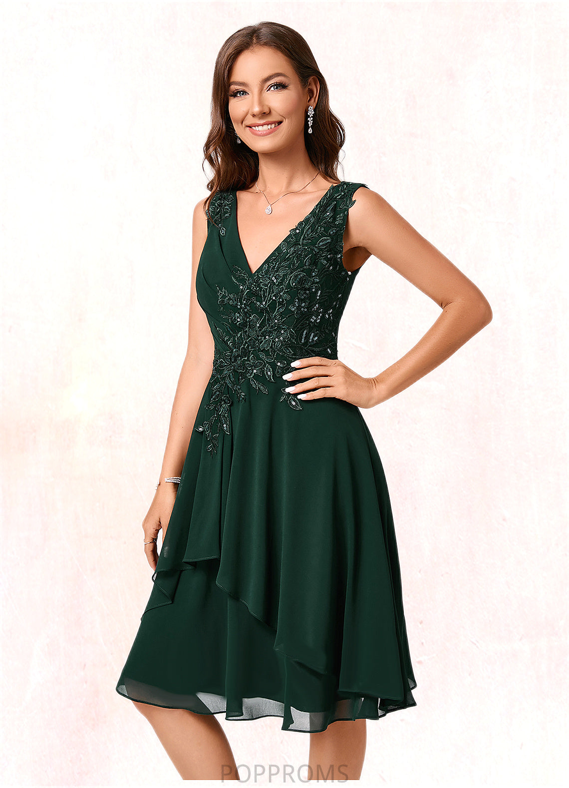 Aurora A-line V-Neck Knee-Length Chiffon Lace Cocktail Dress With Appliques Lace Sequins PP6P0022237