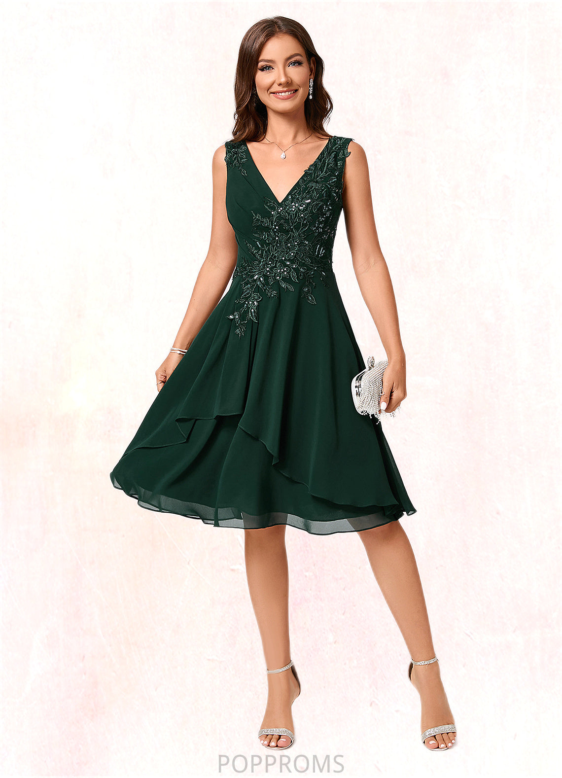 Aurora A-line V-Neck Knee-Length Chiffon Lace Cocktail Dress With Appliques Lace Sequins PP6P0022237