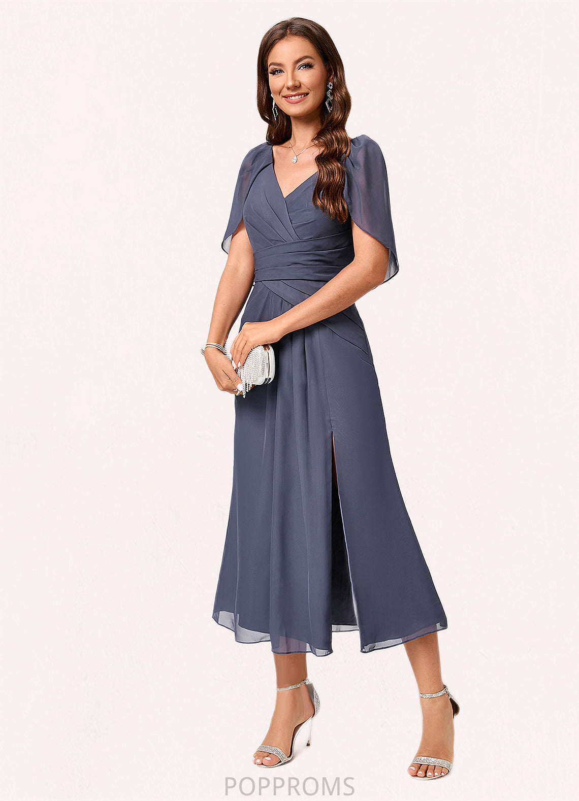 Lina A-line V-Neck Tea-Length Chiffon Cocktail Dress With Ruffle PP6P0022241