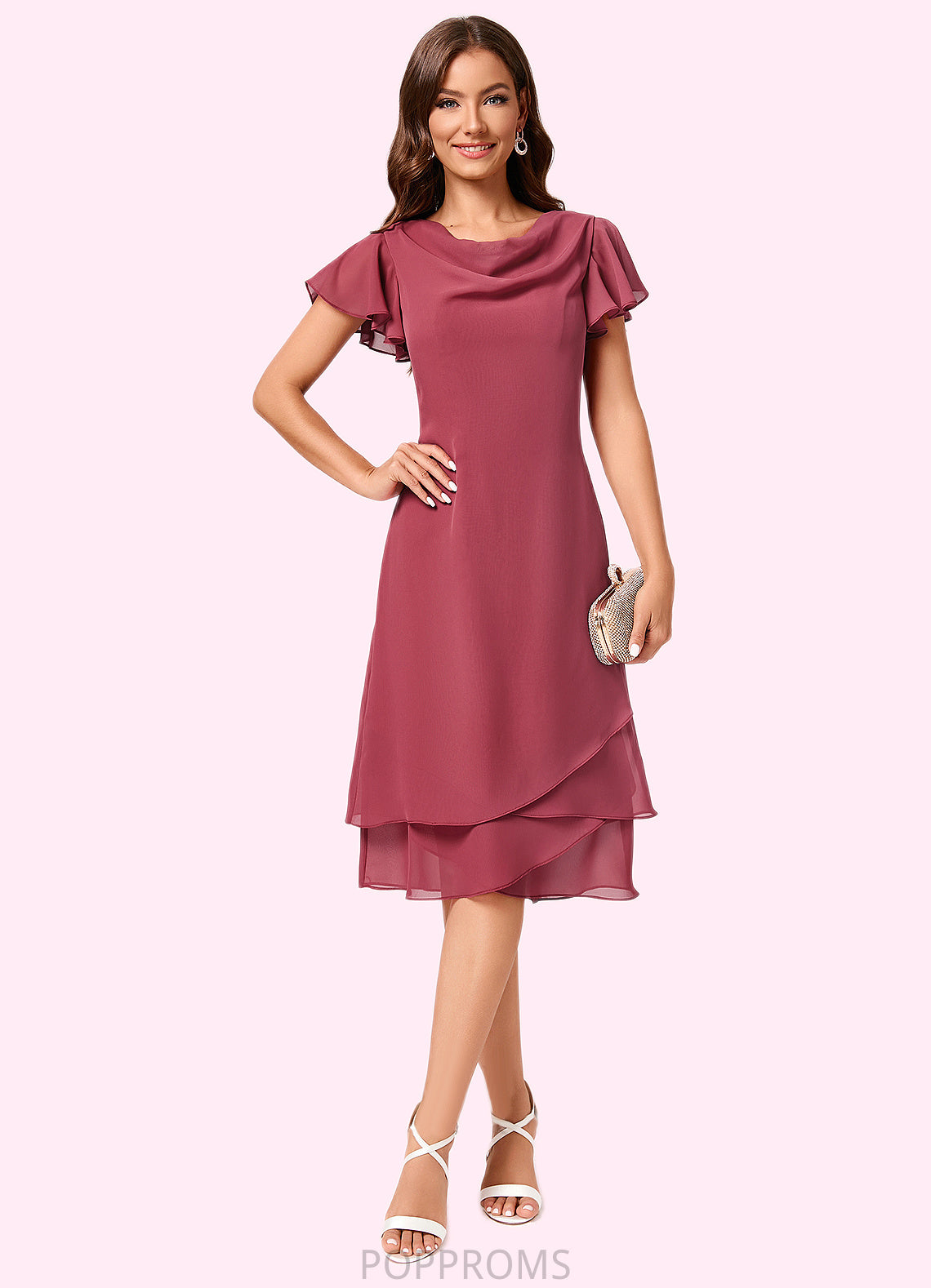 Julie A-line Cowl Knee-Length Chiffon Cocktail Dress With Ruffle PP6P0022243