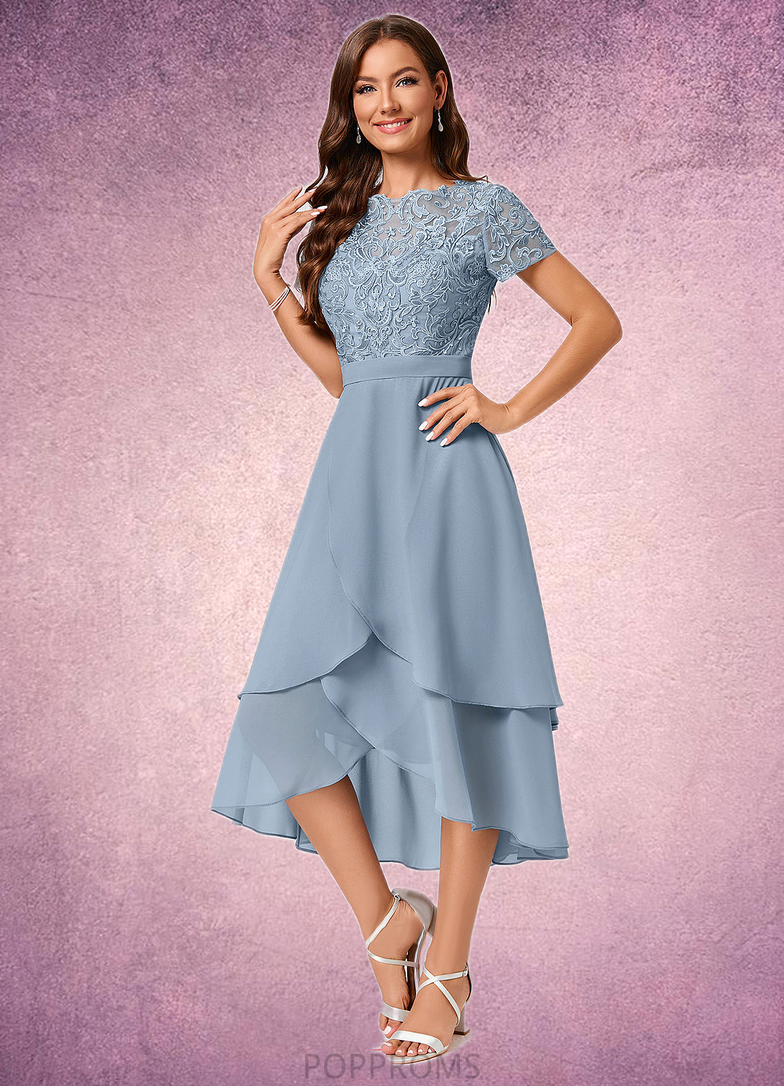 Caitlyn A-line Scoop Asymmetrical Chiffon Lace Cocktail Dress PP6P0022246