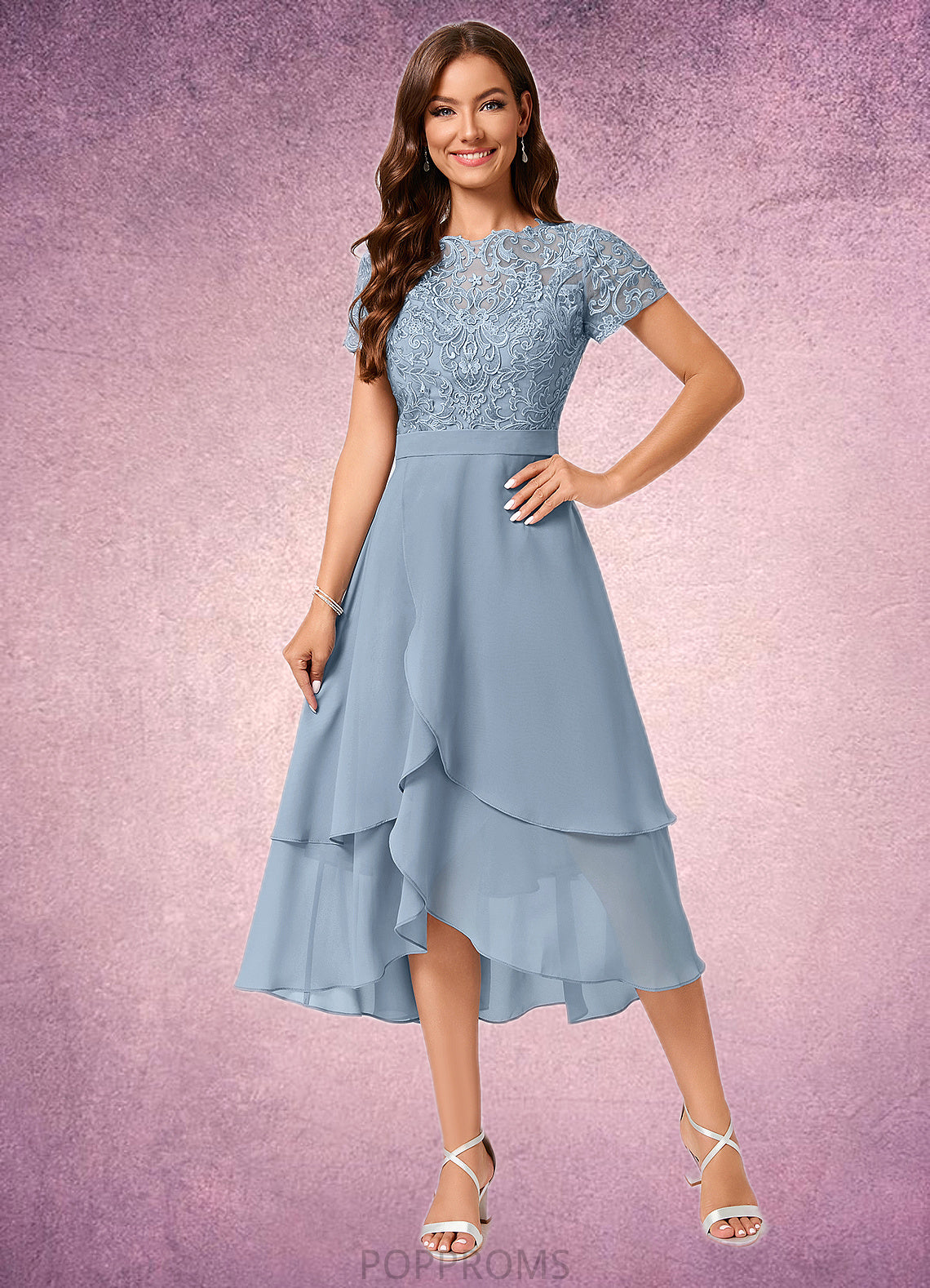 Caitlyn A-line Scoop Asymmetrical Chiffon Lace Cocktail Dress PP6P0022246