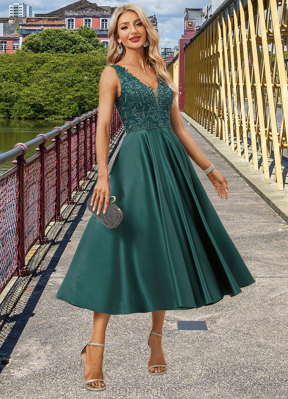 Jazlyn A-line V-Neck Tea-Length Lace Satin Evening Dress With Sequins PP6P0022270