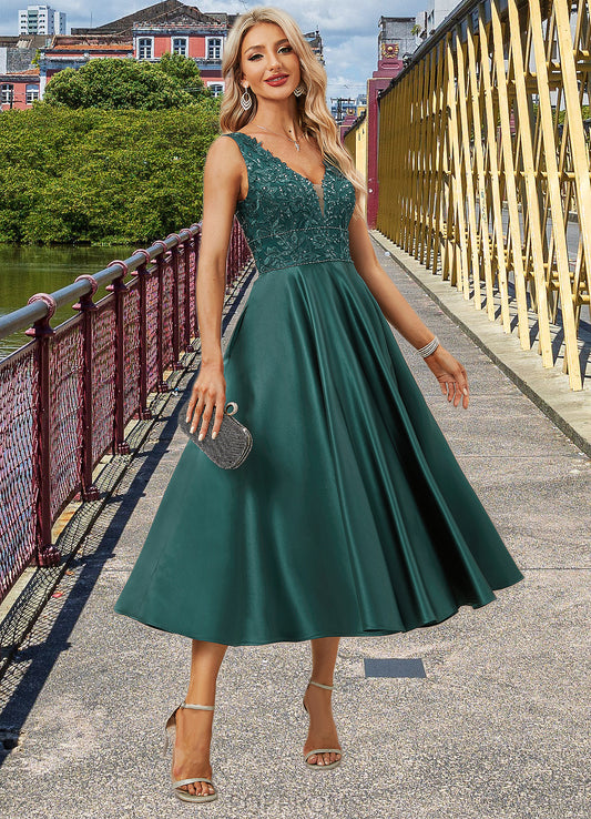 Jazlyn A-line V-Neck Tea-Length Lace Satin Evening Dress With Sequins PP6P0022270