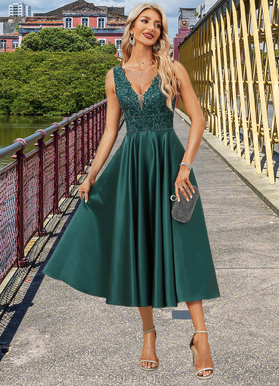 Jazlyn A-line V-Neck Tea-Length Lace Satin Evening Dress With Sequins PP6P0022270