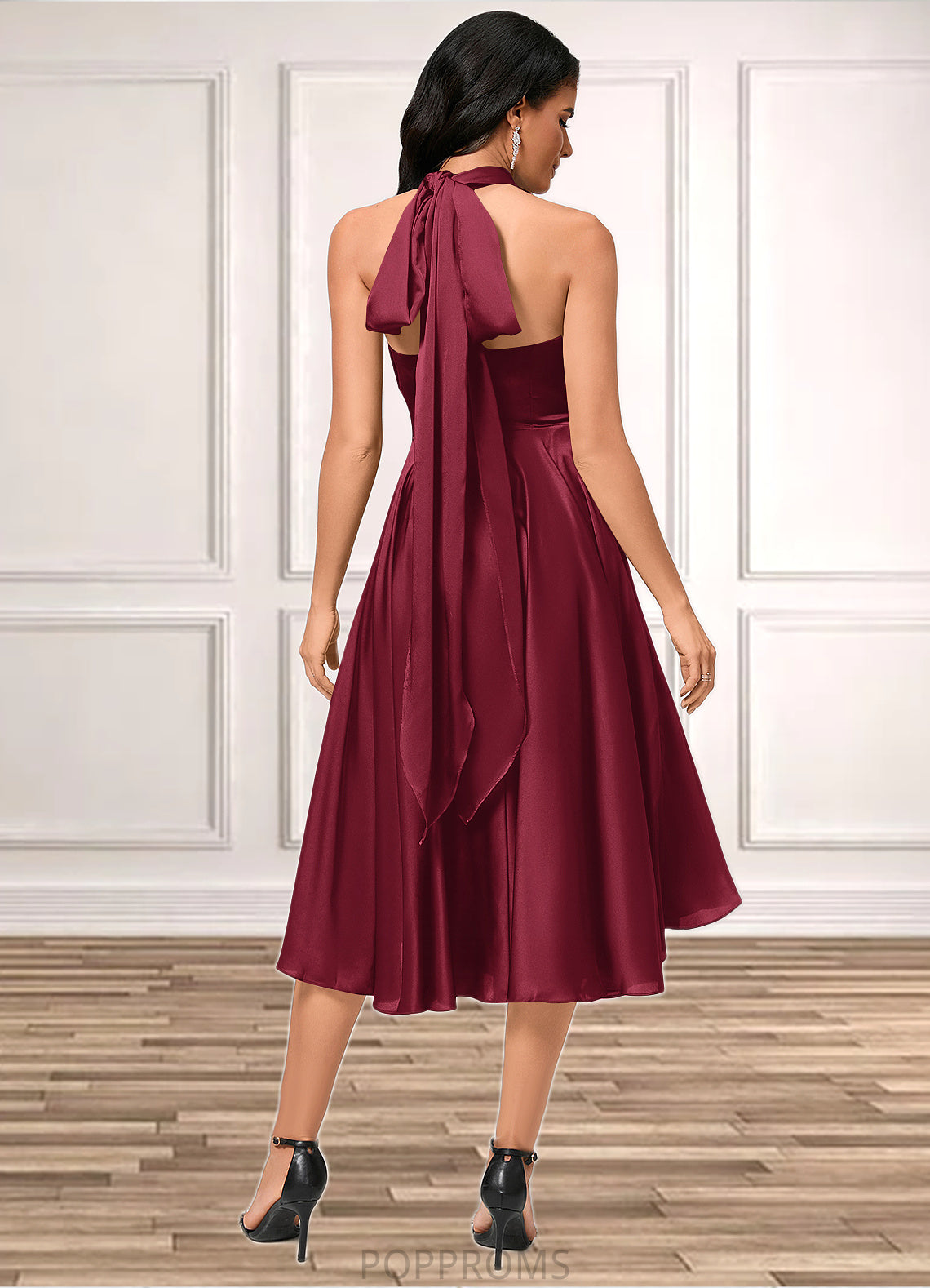 Libby A-line Halter One Shoulder V-Neck Asymmetrical Silky Satin Cocktail Dress With Ruffle PP6P0022280