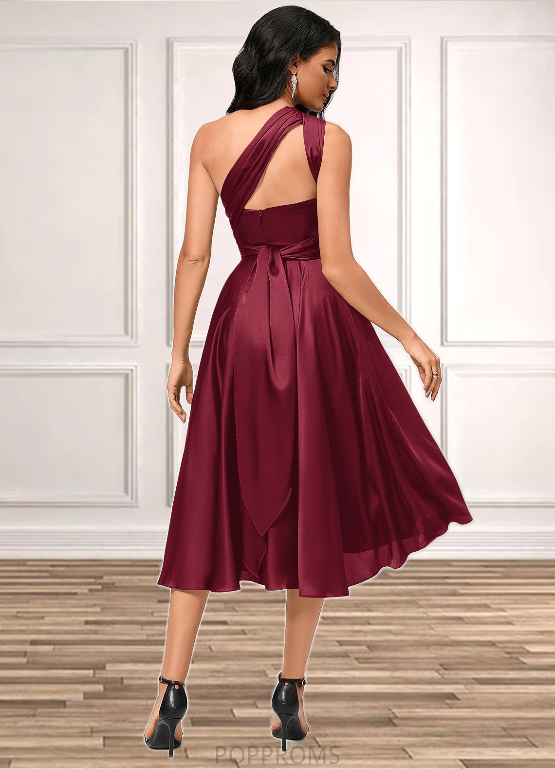 Libby A-line Halter One Shoulder V-Neck Asymmetrical Silky Satin Cocktail Dress With Ruffle PP6P0022280