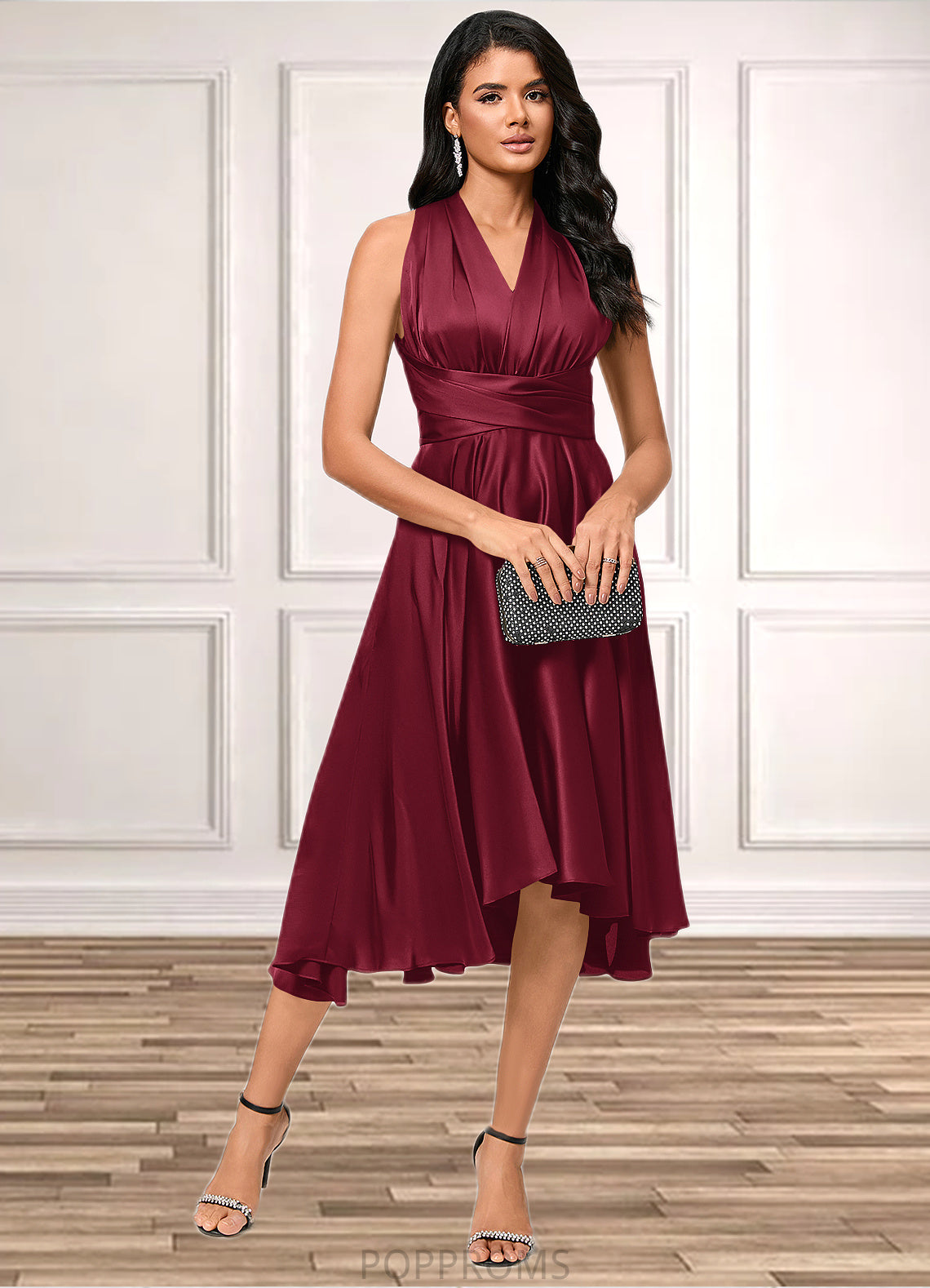 Libby A-line Halter One Shoulder V-Neck Asymmetrical Silky Satin Cocktail Dress With Ruffle PP6P0022280