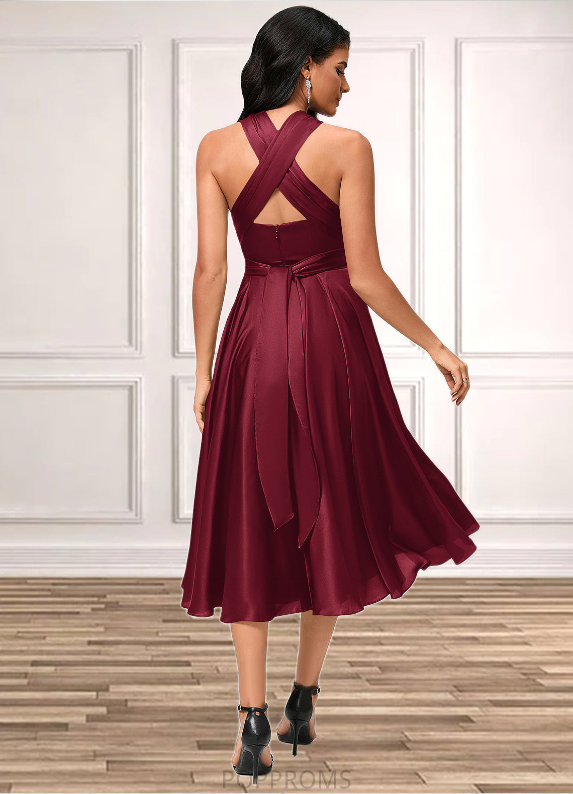 Libby A-line Halter One Shoulder V-Neck Asymmetrical Silky Satin Cocktail Dress With Ruffle PP6P0022280