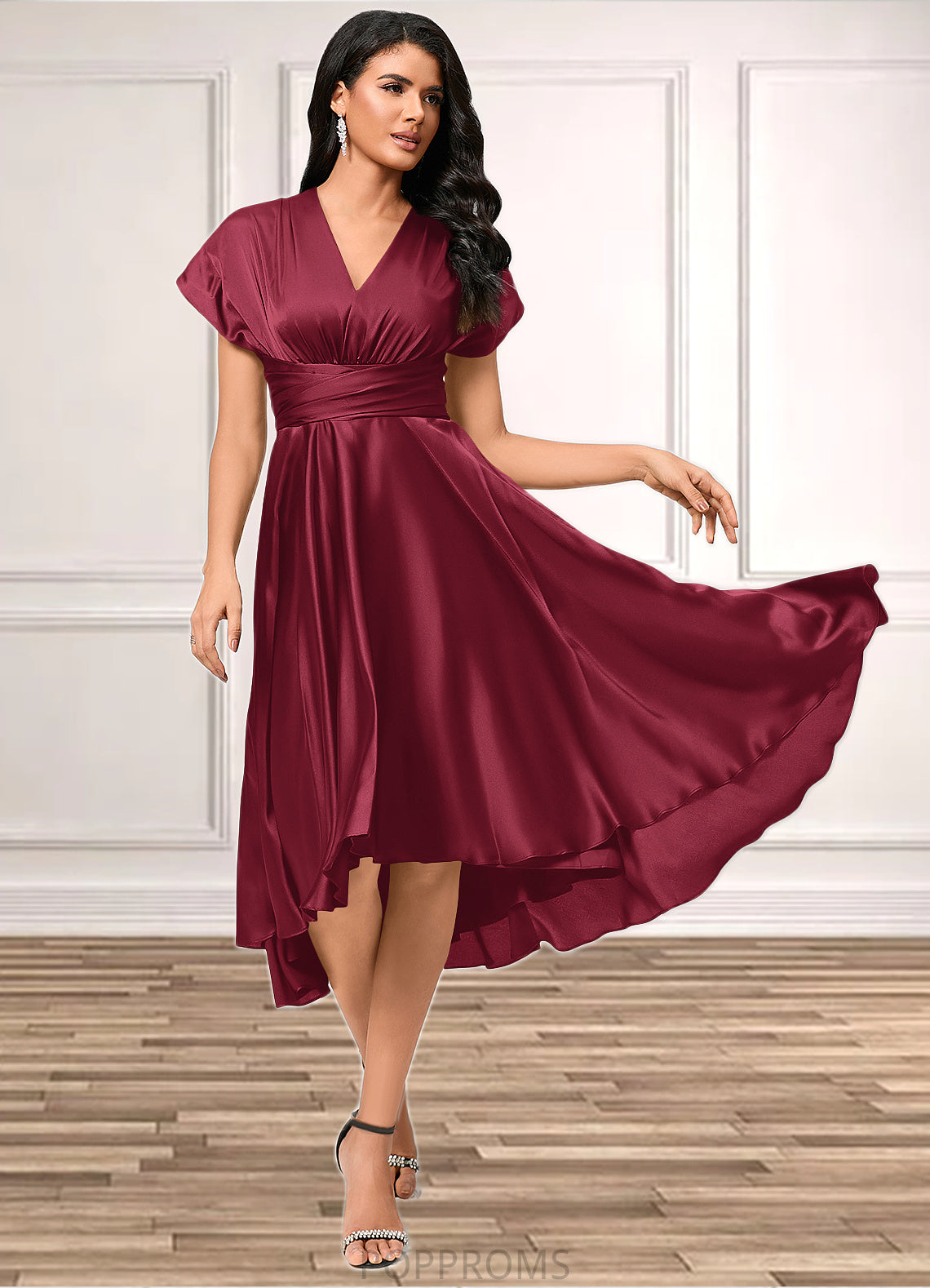 Libby A-line Halter One Shoulder V-Neck Asymmetrical Silky Satin Cocktail Dress With Ruffle PP6P0022280