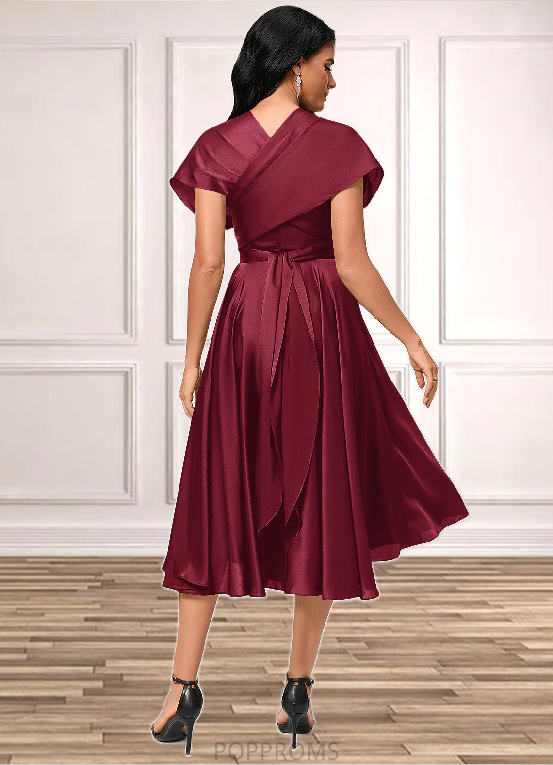 Libby A-line Halter One Shoulder V-Neck Asymmetrical Silky Satin Cocktail Dress With Ruffle PP6P0022280