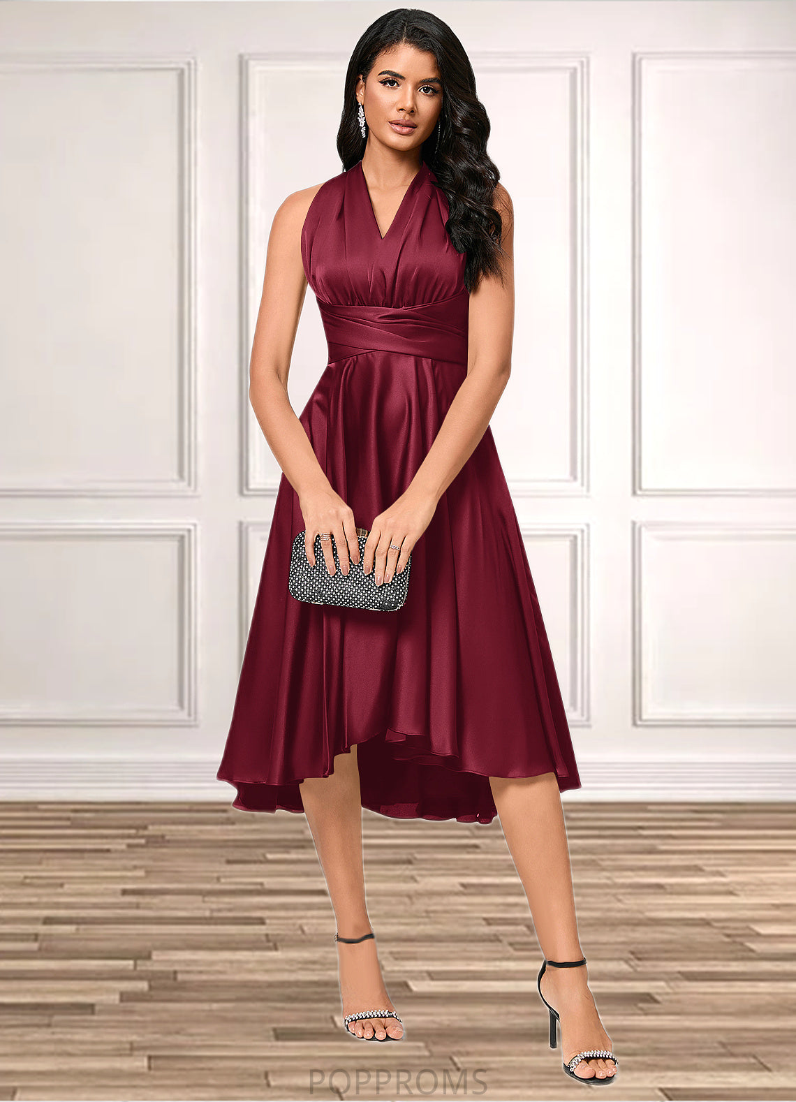 Libby A-line Halter One Shoulder V-Neck Asymmetrical Silky Satin Cocktail Dress With Ruffle PP6P0022280