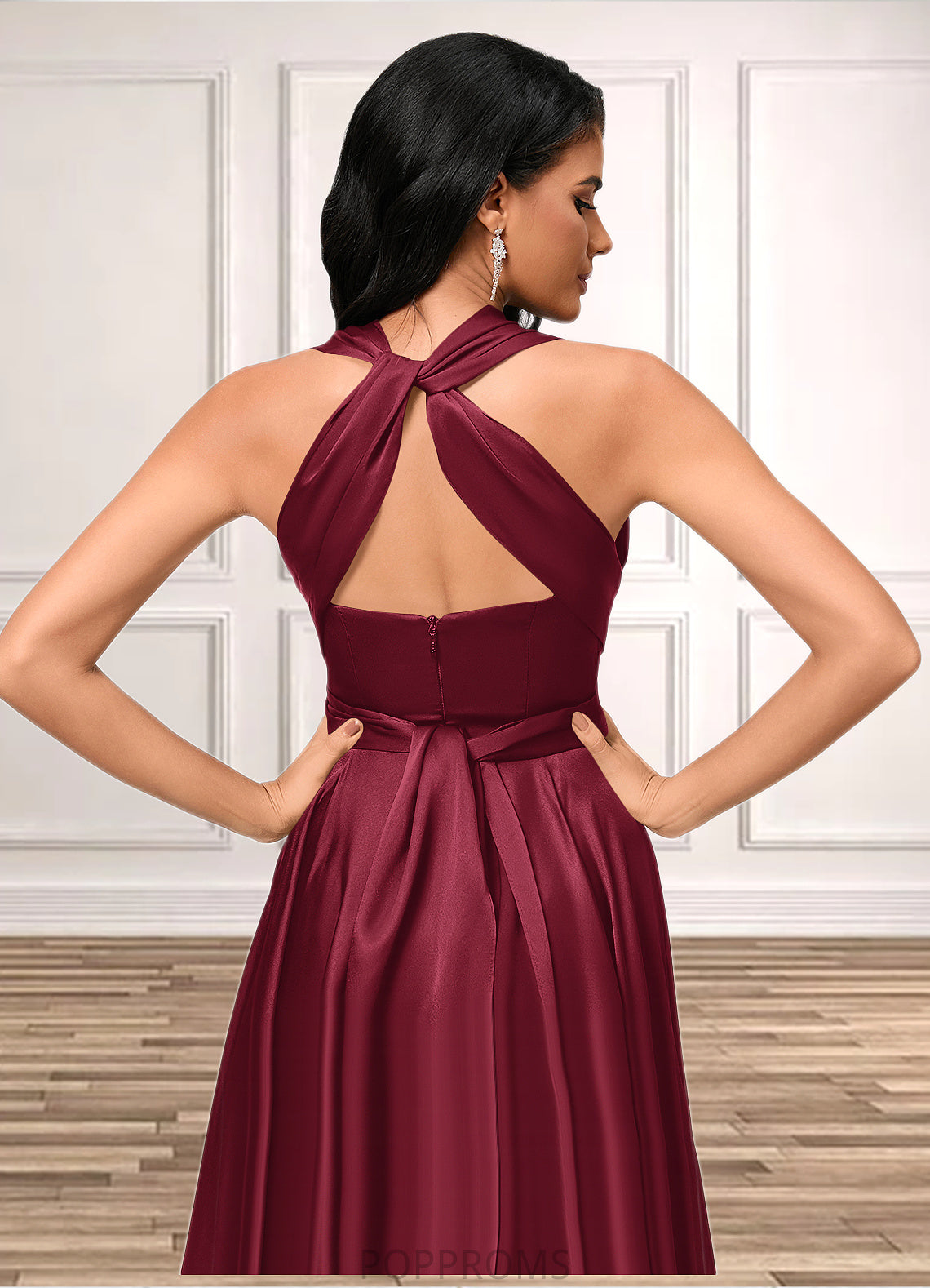 Libby A-line Halter One Shoulder V-Neck Asymmetrical Silky Satin Cocktail Dress With Ruffle PP6P0022280