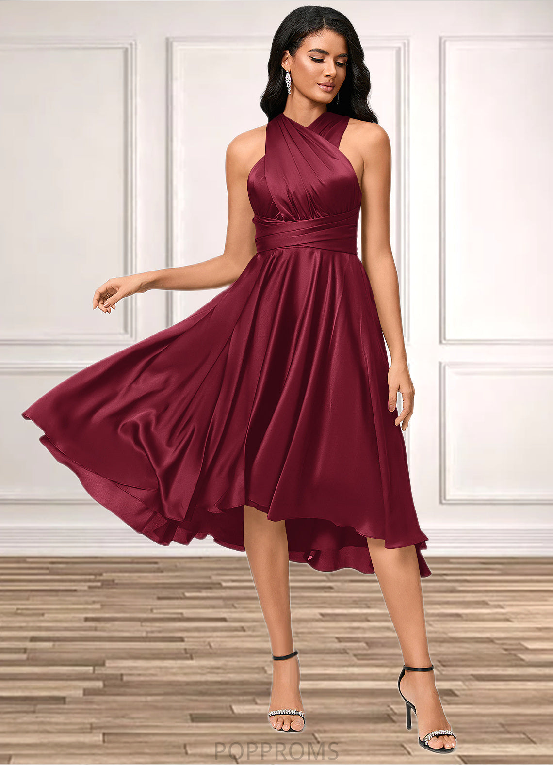 Libby A-line Halter One Shoulder V-Neck Asymmetrical Silky Satin Cocktail Dress With Ruffle PP6P0022280