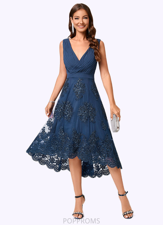 Kathryn A-line V-Neck Asymmetrical Chiffon Lace Sequin Cocktail Dress With Pleated Sequins PP6P0022288