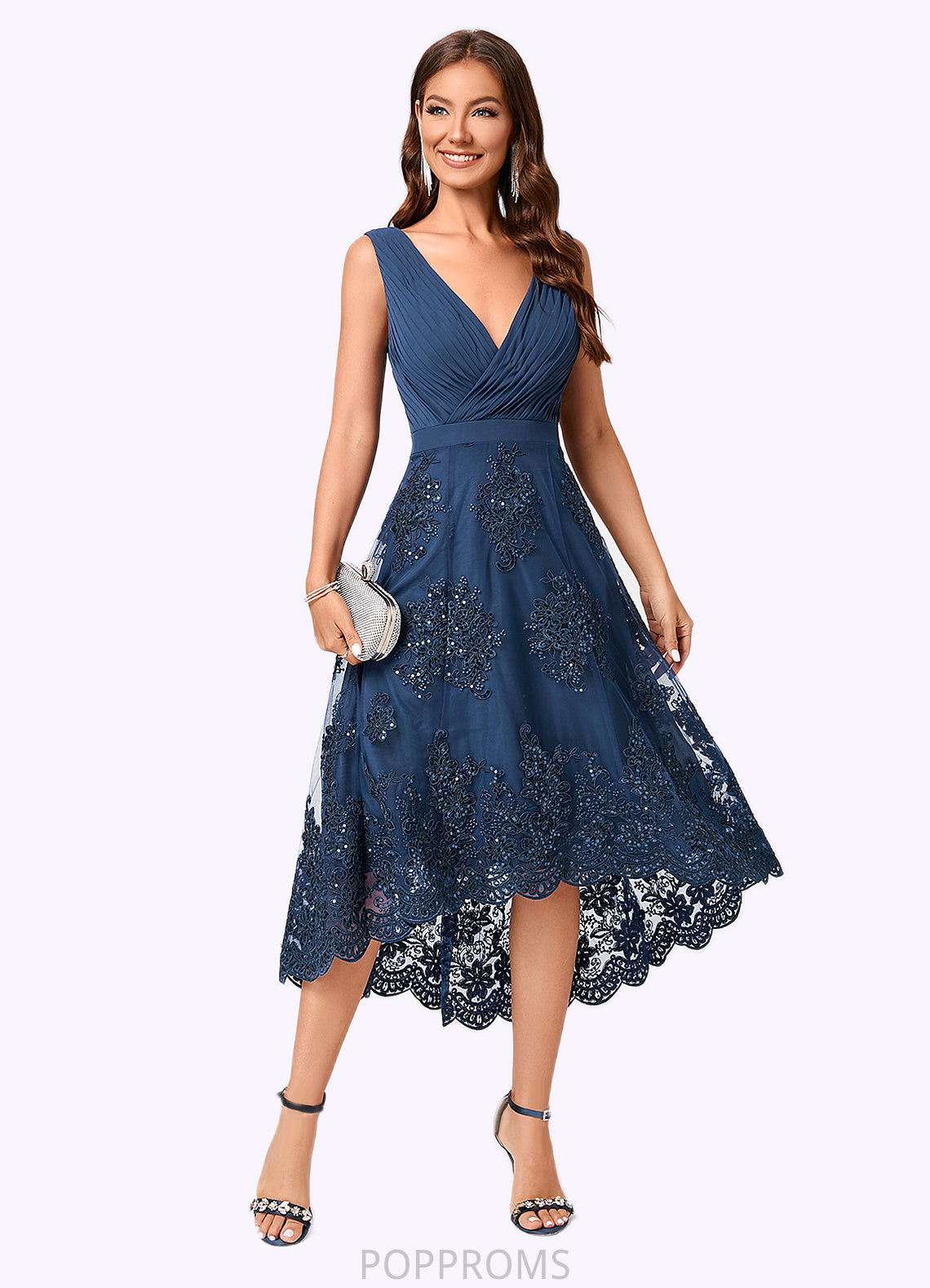 Kathryn A-line V-Neck Asymmetrical Chiffon Lace Sequin Cocktail Dress With Pleated Sequins PP6P0022288