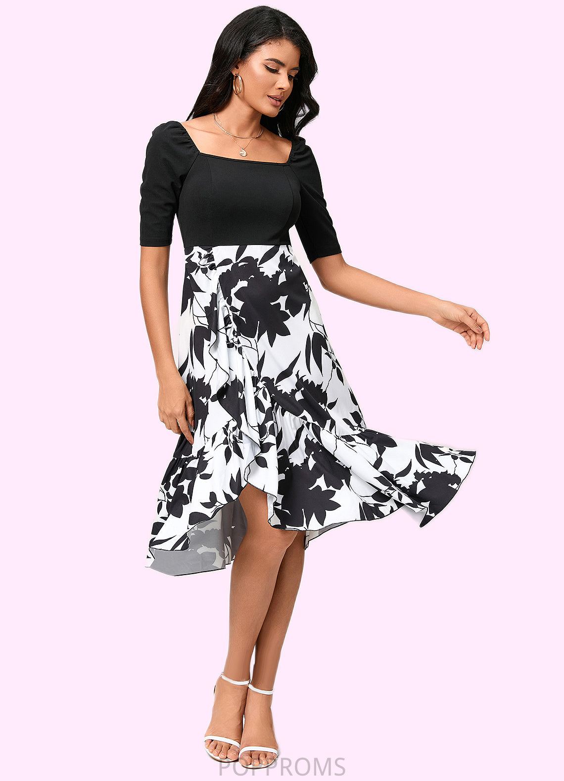 Nyasia A-line Square Asymmetrical Polyester Cocktail Dress With Cascading Ruffles PP6P0022292