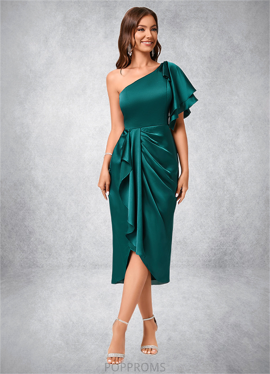 Genesis Sheath/Column One Shoulder Asymmetrical Silky Satin Cocktail Dress With Ruffle PP6P0022293