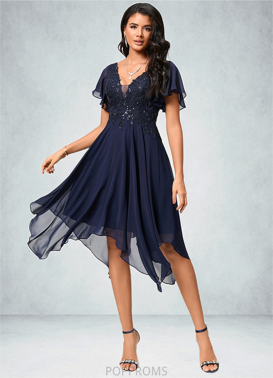 Emma A-line V-Neck Tea-Length Chiffon Cocktail Dress With Sequins PP6P0022296