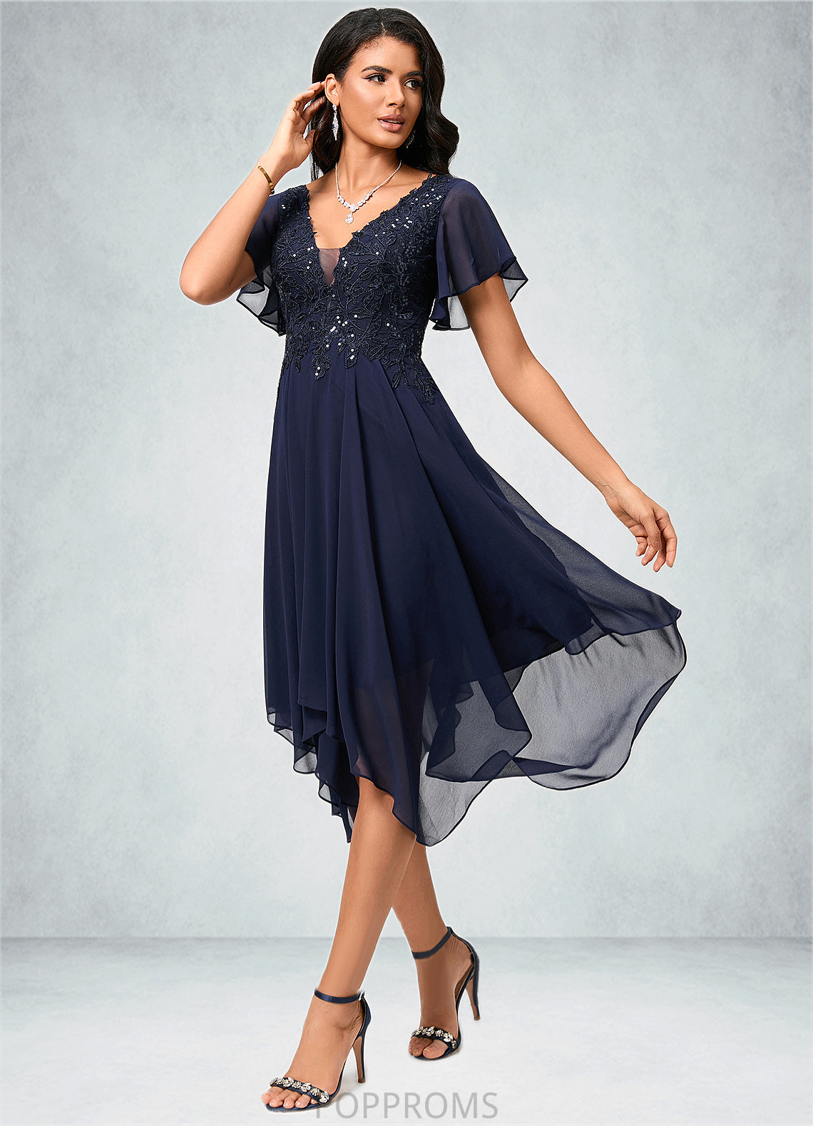 Emma A-line V-Neck Tea-Length Chiffon Cocktail Dress With Sequins PP6P0022296