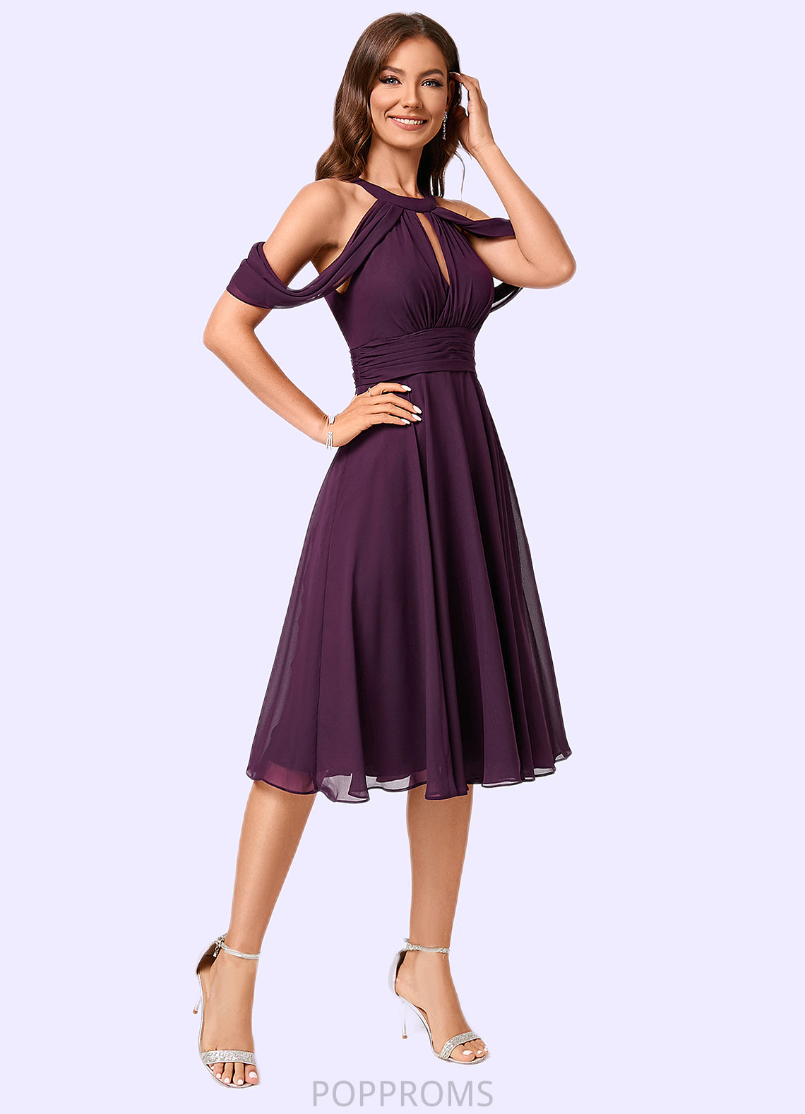 Jordan A-line Cold Shoulder Scoop Knee-Length Chiffon Cocktail Dress With Ruffle PP6P0022302