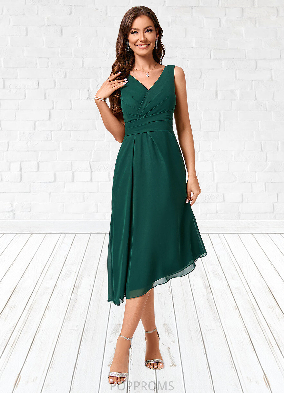 Annika A-line V-Neck Tea-Length Chiffon Cocktail Dress PP6P0022304