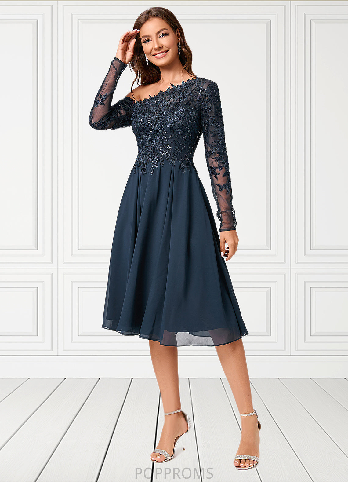 Abby A-line One Shoulder Knee-Length Chiffon Lace Sequin Cocktail Dress With Sequins PP6P0022310