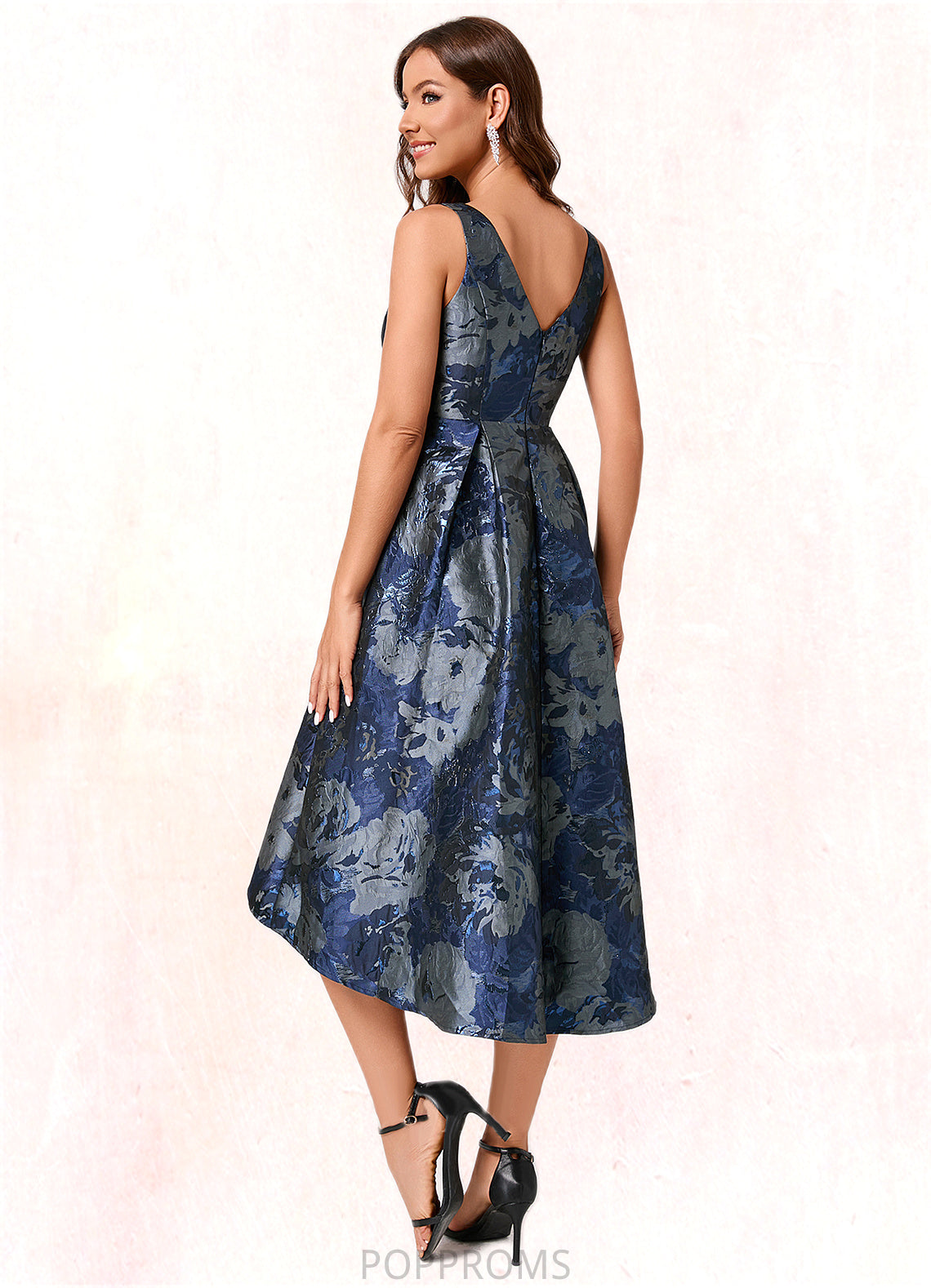 Taylor A-line V-Neck Asymmetrical Jacquard Cocktail Dress With Flower PP6P0022321