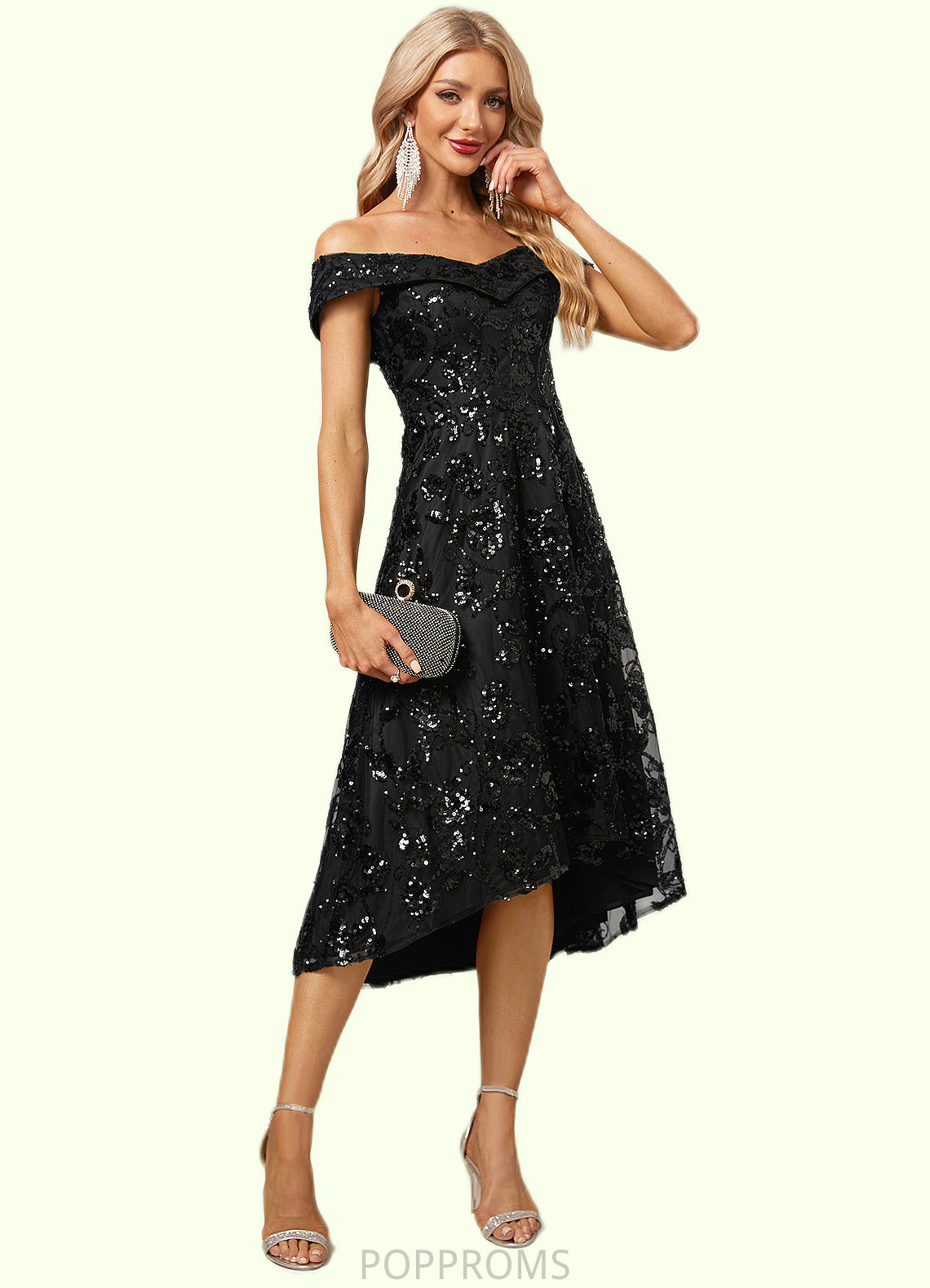 Liana A-line Off the Shoulder Asymmetrical Lace Sequin Cocktail Dress With Sequins PP6P0022328