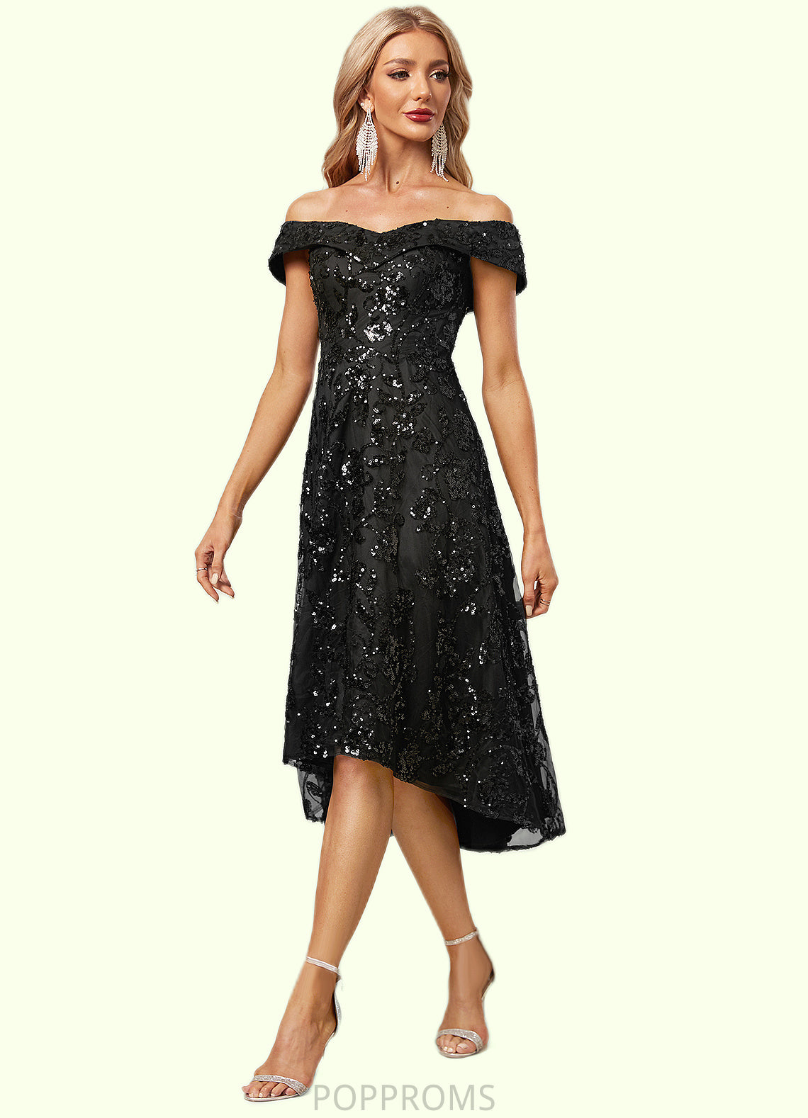 Liana A-line Off the Shoulder Asymmetrical Lace Sequin Cocktail Dress With Sequins PP6P0022328