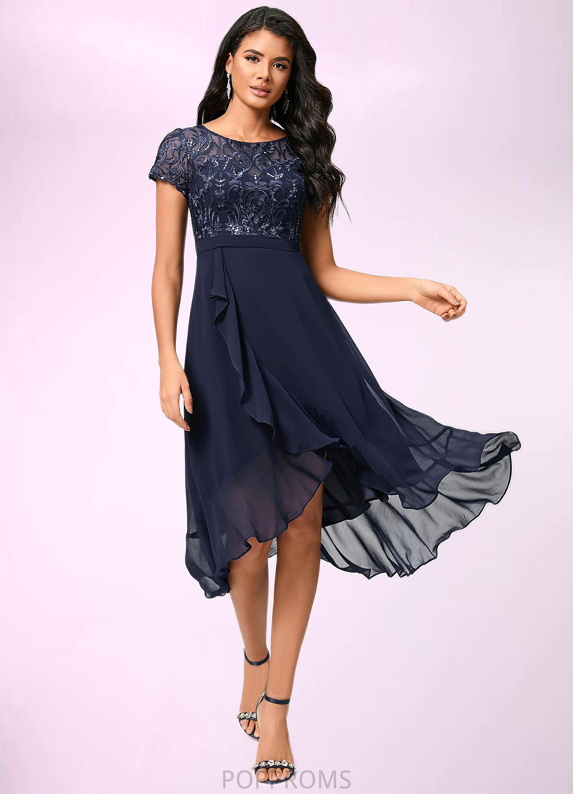 Nancy A-line Scoop Asymmetrical Chiffon Lace Cocktail Dress With Cascading Ruffles PP6P0022334