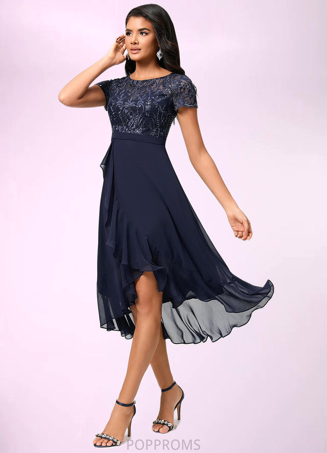 Nancy A-line Scoop Asymmetrical Chiffon Lace Cocktail Dress With Cascading Ruffles PP6P0022334