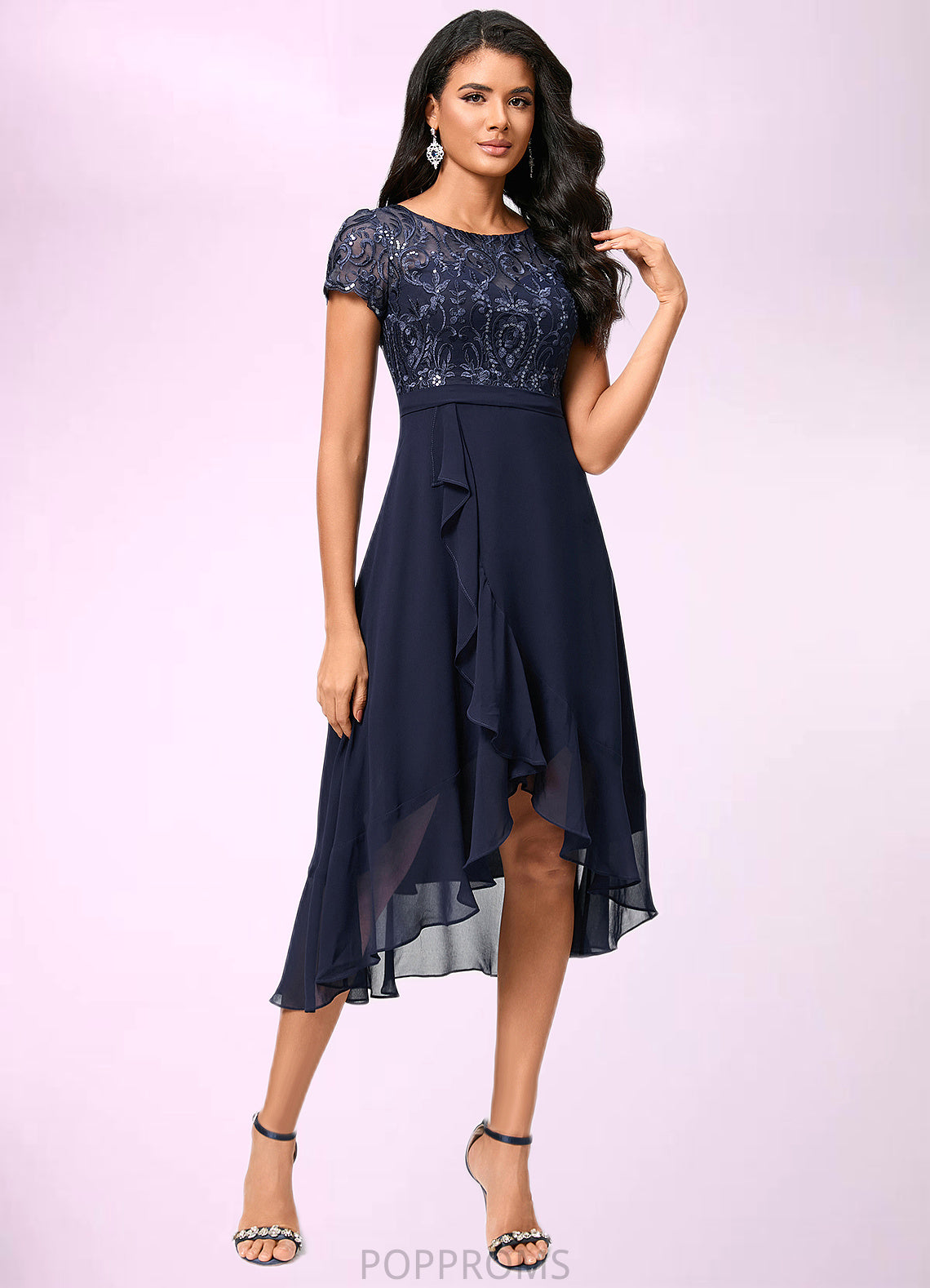 Nancy A-line Scoop Asymmetrical Chiffon Lace Cocktail Dress With Cascading Ruffles PP6P0022334