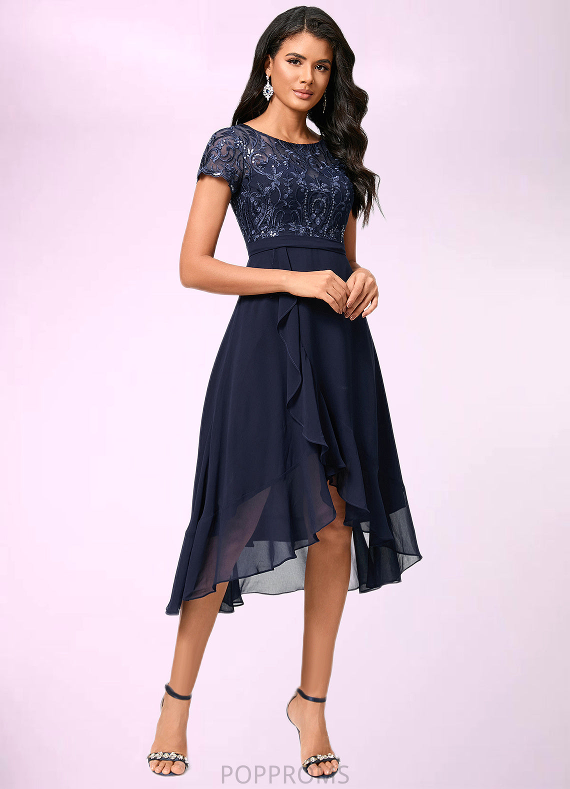 Nancy A-line Scoop Asymmetrical Chiffon Lace Cocktail Dress With Cascading Ruffles PP6P0022334