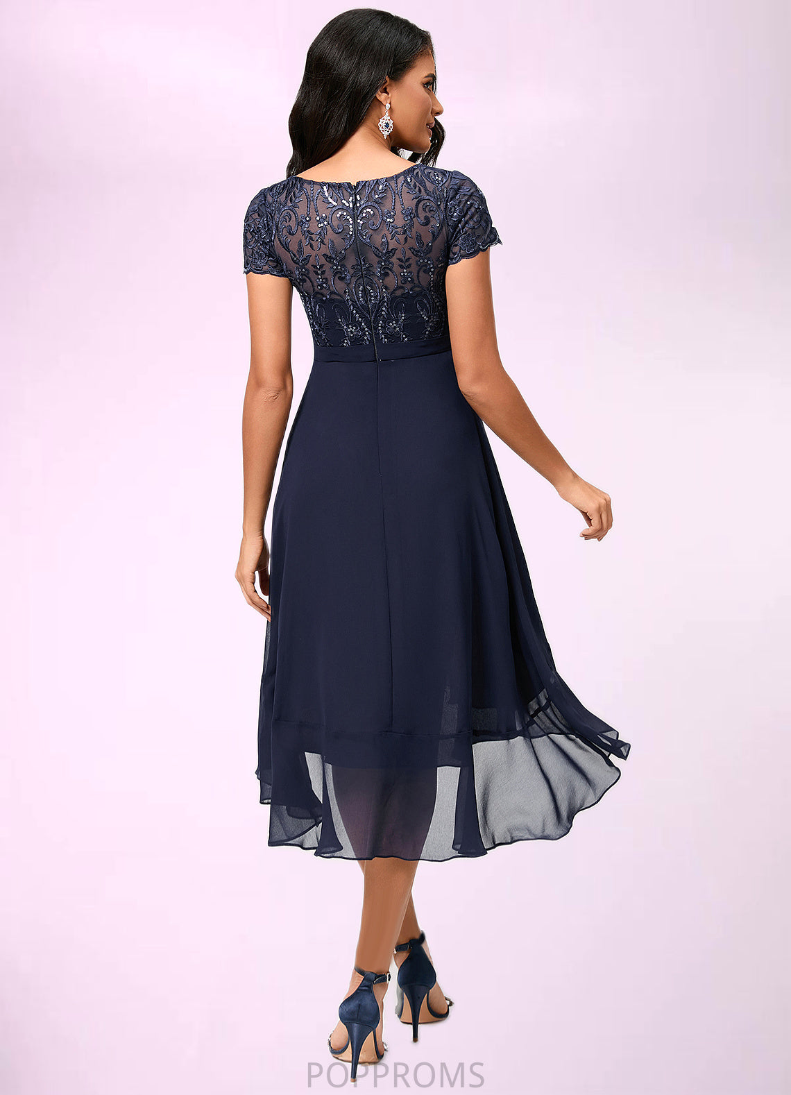 Nancy A-line Scoop Asymmetrical Chiffon Lace Cocktail Dress With Cascading Ruffles PP6P0022334