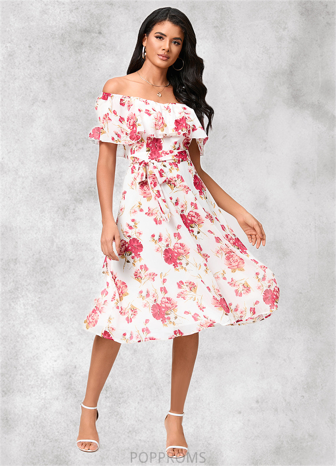 Ryann A-line Off the Shoulder Knee-Length Chiffon Cocktail Dress With Bow PP6P0022337